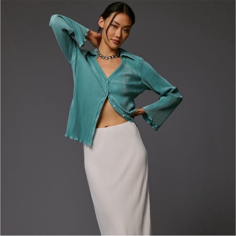 Anthropologie Dolan Lettuce Hem Teal Turquoise Button Front Pleated Shirt Top